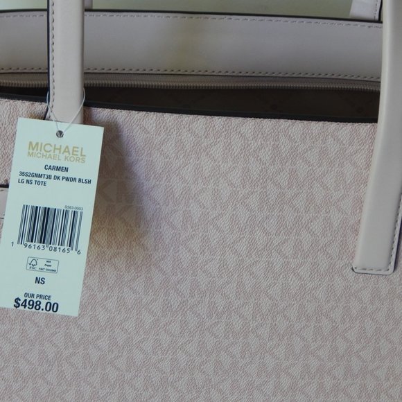 NWT $498 MICHAEL KORS CARMEN MK Monogram LARGE TZ DK PWDR BLSH Tote Shoulder BAG - Picture 11 of 11